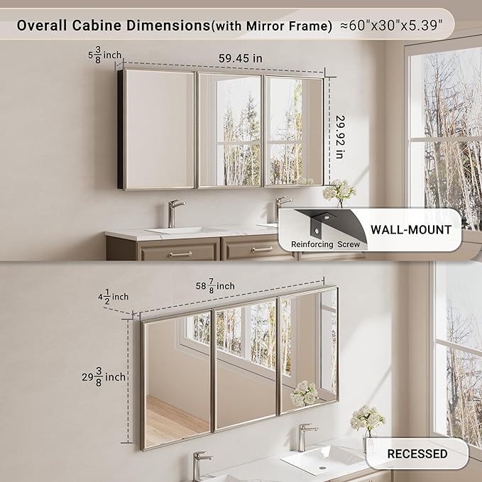 60x30 Brushed Nickel Medicine Cabinet, Recessed or Surface Large Framed Medicine Cabinet with 3 Beveled Mirror Door & Adjustable Shelves, Shatterproof, Pre-Assembled Bathroom Storage Cabinet