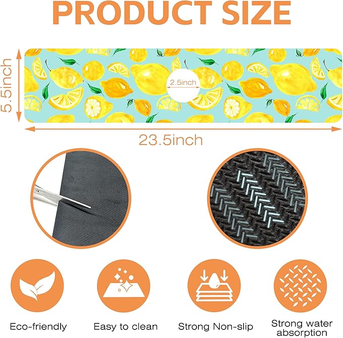 Kitchen Sink Splash Guard Faucet Mat Watercolor Lemon Citrus Sink Splash Guard Behind Faucet,1 PC Soft Diatom Mud Non-Slip Mat-for Kitchen,Dish Drying Mat,Bathroom Faucet Mat 23.5""X5.5""