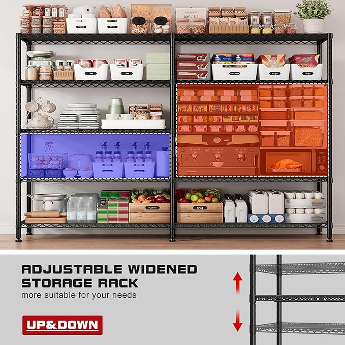 REIBII 73''W Storage Shelves Load 1650 LBS Metal Shelving 5-Tier Wire Shelving Unit for Storage Rack Adjustable Heavy Duty Metal Shelves for Pantry Kitchen Garage, 17.7" D x 73" W x 71" H