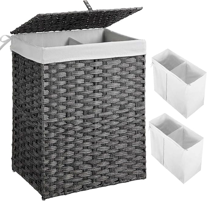 Greenstell Laundry Hamper with 2 Removable Liner Bags - 90L Divided Clothes Hamper, Handwoven Synthetic Rattan Foldable Laundry Basket with Lid and Handles Gray (18.3x13.3x24.0Inches)