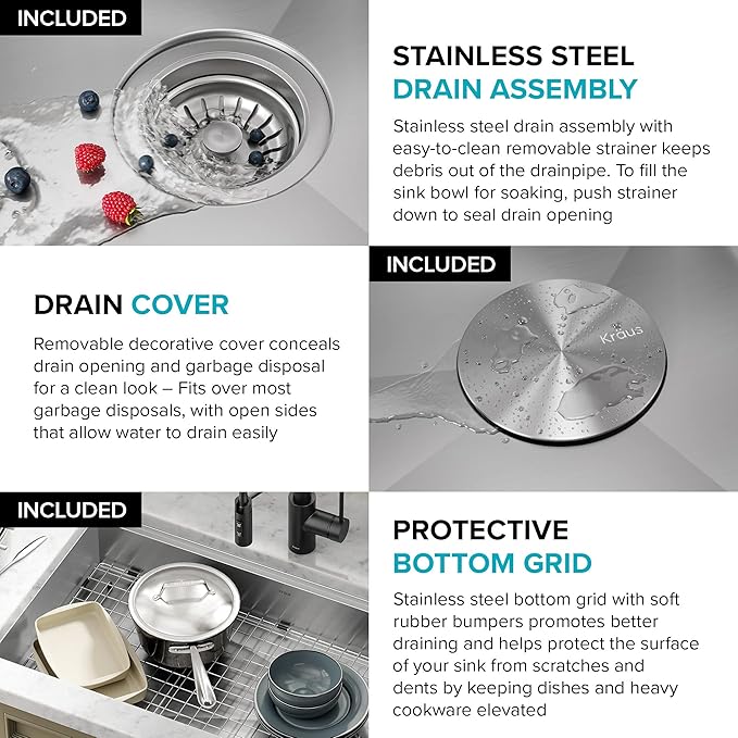 KRAUS Kore ADA Workstation 32-inch Undermount 16 Gauge Stainless Steel Kitchen Sink, Single Bowl Kitchen Sink with Accessories, KWU110-32/5.5