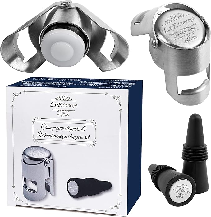 Champagne Stoppers for Sparkling Bottle Sealing - Saver Accessories Toppers for Wine Napa Moet Bottega - Cone-shaped wine stoppers and Dual-sided Stainless Steel Cover Bottles Set (Silver Gray, 2 & 2)