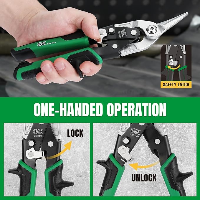 SK 10 Inch Aviation Tin Snips, Right Cut, Cr-Mo Steel Blade, Anti-slip Handle and Safety Latch, for Cutting Sheet Metal