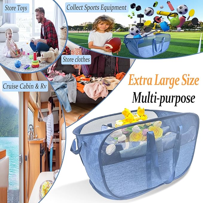 Extra Large Mesh Pop Up Laundry Hamper, 100L Collapsible Laundry Basket, Dirty Clothes Hamper with Reinforced Handles, Storage Bins for Shelves, Dorm or Home Portable Stair Laundry Basket. Blue