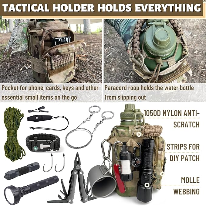 Half Gallon Water Bottle with Sleeve - 64 Oz Insulated Water Jug with Handle - Green Stainless Steel Sports Water Bottle for Gym Workout Hiking Tactical Bottle Holder with Pouch Camo