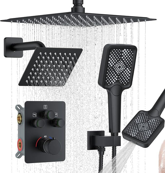 KOJOX Matte Black Thermostatic Shower System, Push Button Diverter Shower Faucet Set with 12" Ceiling Mount Rain Shower, 6" Wall Mount Shower Head, and 4-in-1 Handheld Spray
