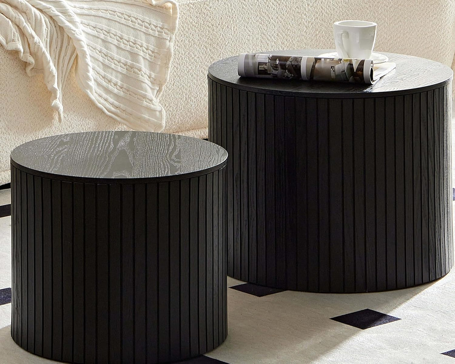 Round Nesting Coffee Table with Storage, 19.17" Modern Wooden Coffee Tables Set of 2, Circle Side Table for Small Spaces,Accent End Table for Living Room, Apartment, Office, Dorm, Black