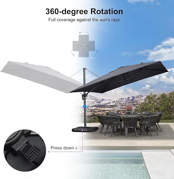 PURPLE LEAF 11.5' X 11.5' Telescopic Patio Umbrella Outdoor Cantilever Umbrella Square Up Down Lifting Offset Umbrella with 360-degree Rotation for Garden Deck Pool Patio Grey