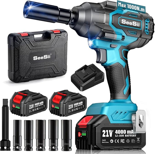 Seesii 1000N.m (738ft-lbs) Cordless Impact Wrench High Torque,1/2" Brushless Impact Gun w/Two 4.0Ah Battery,Fast Charger, 5 Sockets & Storage Case, Electric Impact Wrench for Car Truck,WH760