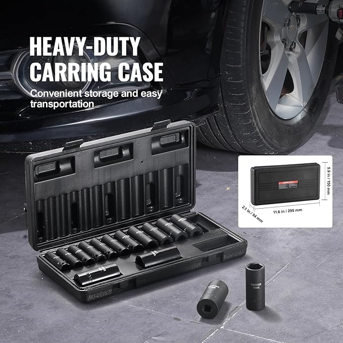 VEVOR 3/8" Drive Impact Socket Set, 15 Piece Deep Socket Set Metric 8-22mm, 6 Point Cr-Mo Alloy Steel for Auto Repair, Easy-to-Read Size Markings, Rugged Construction, Includes Storage Case