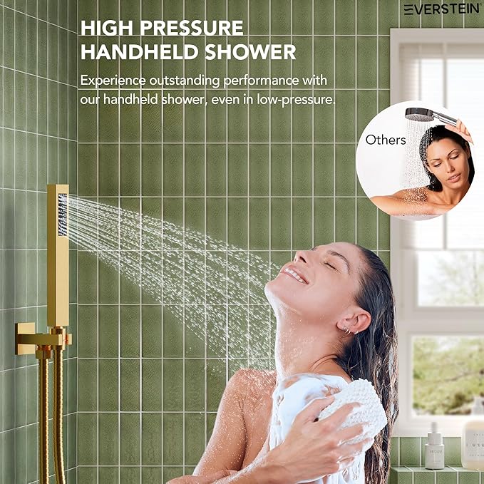 Shower Tub Faucet Set, 10" Bathroom Rainfall Shower Head Fixtures Combo with Handheld Spray and Tub Spout, Brushed gold
