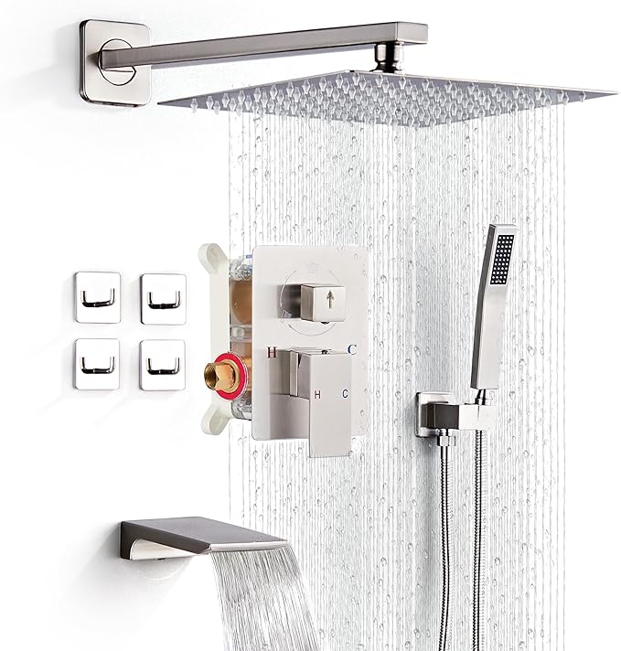 Shower Faucet Set Complete with Tub Spout Shower System Wall Mounted with 10 inch Rainfall Shower Head and Handheld Shower Rain Shower Combo for Bathroom, Brushed Nickel