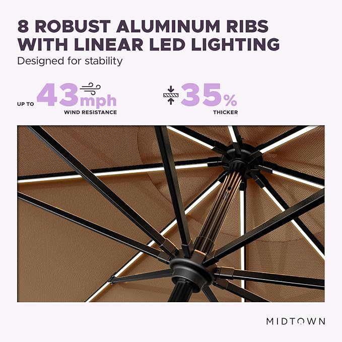 Midtown Umbrellas Led Swilt Sunbrella Umbrella, 8 Foot Patio Umbrella In Sunbrella Heather Tan Acrylic Fabric - Deck Patio Umbrella, Backyard Umbrella, Garden Umbrella & Pool Umbrella - Black Pole