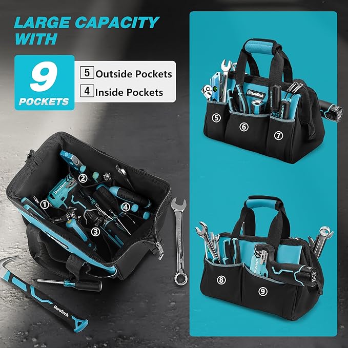 DURATECH 13-Inch Small Tool Bag with 9 Pockets, Tool Bags for Men Women, Toolbag with Thickened Fabric, Wide Open Mouth Tool Carrier for Mechanic Electrician Plumber HVAC