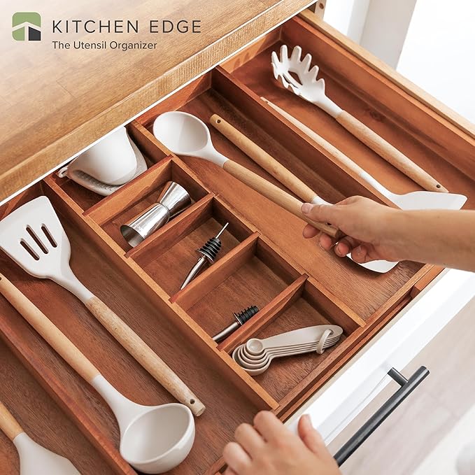 KitchenEdge Adjustable Kitchen Drawer Organizer for Utensils and Junk, Food-Safe Contract Grade with 100% Sustainable Wood, Non-Slip, Expandable from 18.5 to 33 Inches Wide - Natural Acacia