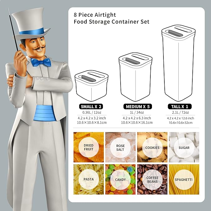 MR.SIGA 8 Piece Airtight Food Storage Container Set, BPA Free Kitchen Pantry Organization Canisters, One-handed Airtight Plastic Containers with Lids for Cereal, Spaghettie, Pasta,White