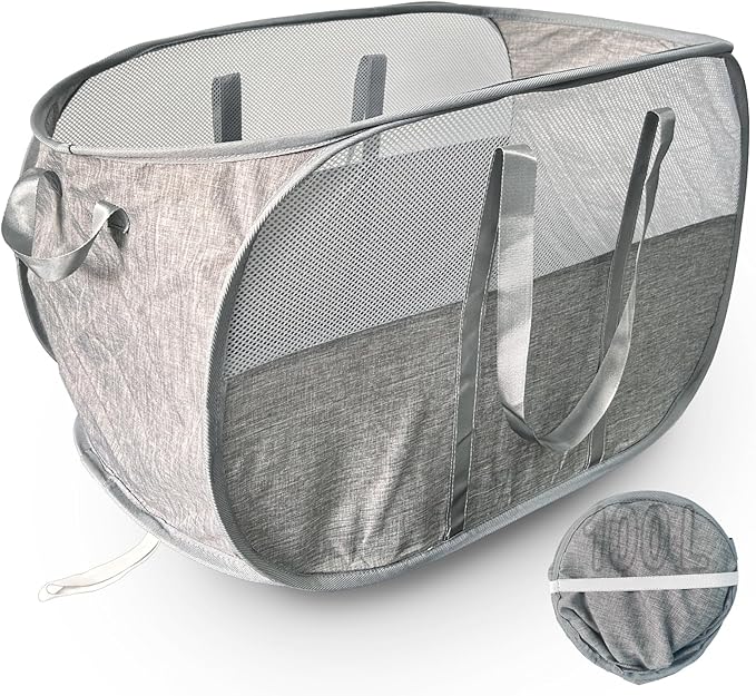 Upgraded 100L Extra Large Mesh Pop Up Laundry Hamper, Dirty Clothes Hamper with Reinforced Handles, Pop-up Hampers for Laundry Travel. Dorm or Home Portable Laundry Basket. Grey