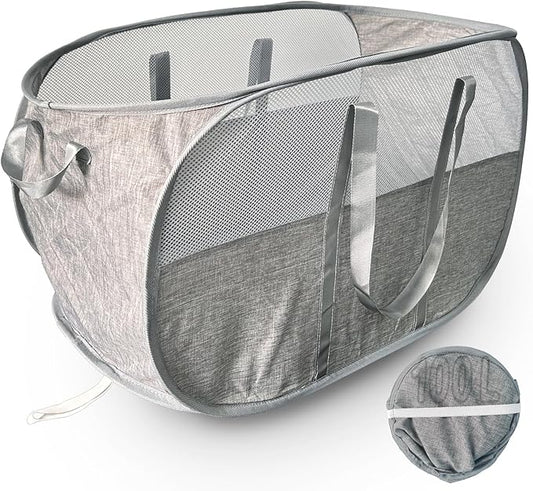 Upgraded 100L Extra Large Mesh Pop Up Laundry Hamper, Dirty Clothes Hamper with Reinforced Handles, Pop-up Hampers for Laundry Travel. Dorm or Home Portable Laundry Basket. Grey