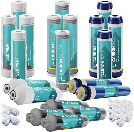 NU Aqua Reverse Osmosis Water Filter System Replacement Set - 6 Stage 2 Year Alkaline Under Sink Kit - Membrane, Sediment, Carbon Filters, Parts & Fittings - Universal RO Filtration Cartridge Pack