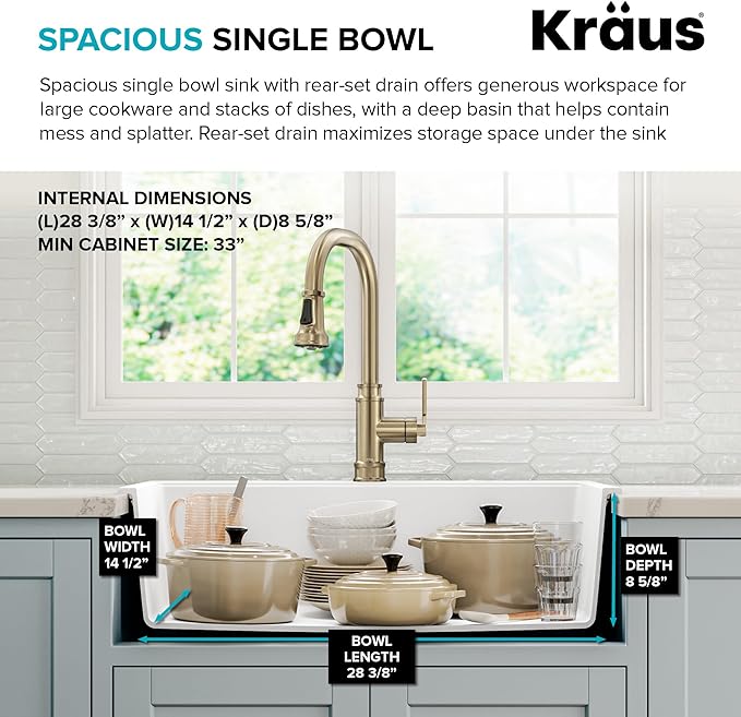 KRAUS Quarza 31-inch Granite Drop-In/Undermount Single Bowl White Kitchen Sink, KGD-412BWHITE
