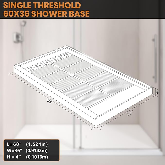 Shower Base Pan in White Left Linear Drainer, Rectangular Shower Base 60"×36"×4" with Non-Slip Floor Panel and Stainless Steel Shower Drain Cover