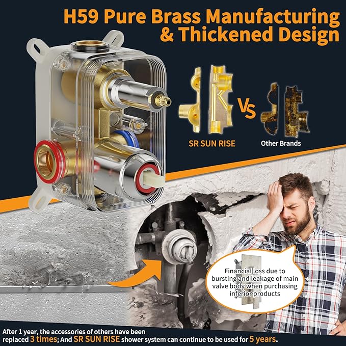 SR SUN RISE SRSH-D1203 12 Inches Bathroom Luxury Rain Mixer Shower Combo Set Wall Mounted Rainfall Shower Head System Polished Chrome Shower Faucet Rough-in Valve Body and Trim Included