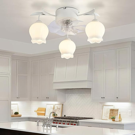 Flower Ceiling Fan with Light: White Flower Fan Lights for Girls Bedroom - Flush Mount Fandelier for Living Room - 3-Light Modern Chandelier with Fan for Home Decor Enthusiasts