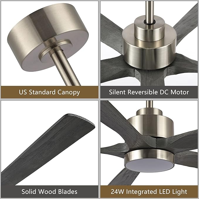 52" Modern Ceiling Fan with Lights and Remote Control, 5 Solid Wood Blades 6-Speed Noiseless Reversible DC Motor, Ceiling Fan for Bedroom Dinning Living Room, Nickel Finish with Wood Blades