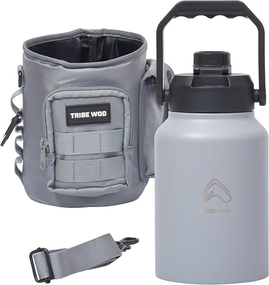 TRIBE WOD Tactical Water Bottle - 64 oz - Outdoor Military Water Bottles Stainless Steel - Double-Wall Jug with Rugged Strap and Removable Sleeve for Keys, Wallet, Phone (Ash Grey)