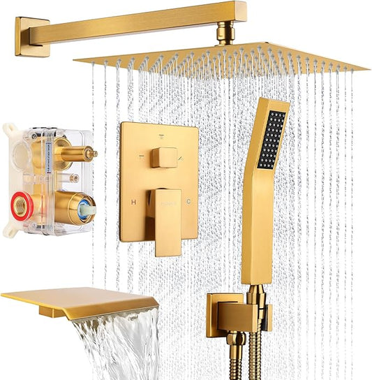 10 Inch Rainfall Shower System with Tub Spout - Wall Mounted Complete Combo with Solid Brass Pressure Balancing Valve, High Pressure Shower Head, Handle Set & Installation Accessories Brushed Gold
