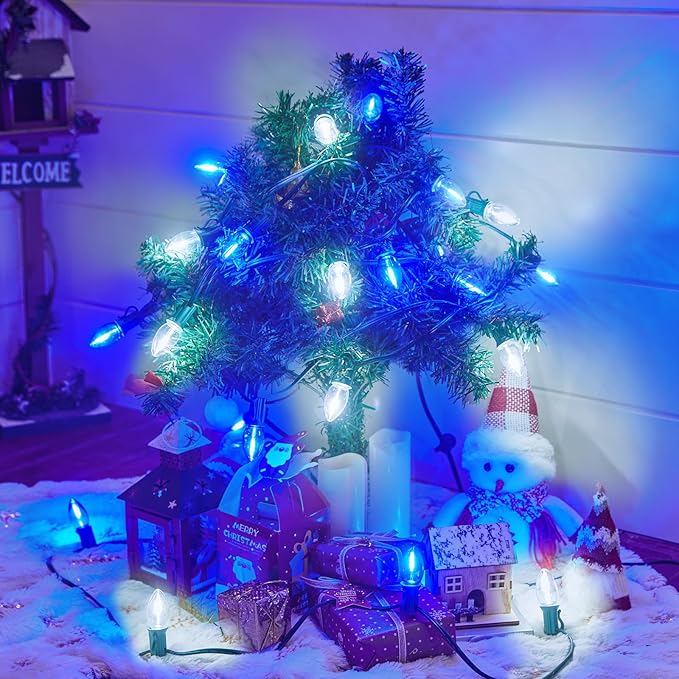 Brightown 25 Pack C9 LED Christmas Light Bulbs, Blue and Pure White Plastic C9 Shatterproof LED Bulbs Replacement for Christmas String Lights, E17 Intermediate Base