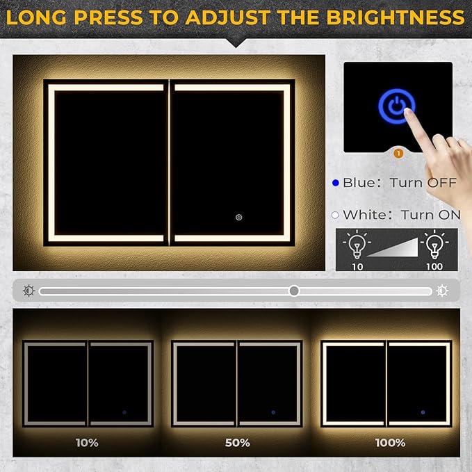 Hasuit Lighted Medicine Cabinet with Mirror, Wall Mounted Bathroom Mirror with Storage, 2 Doors Bathroom Wall Cabinet with LED Lights, 35.4'' x 23.6''