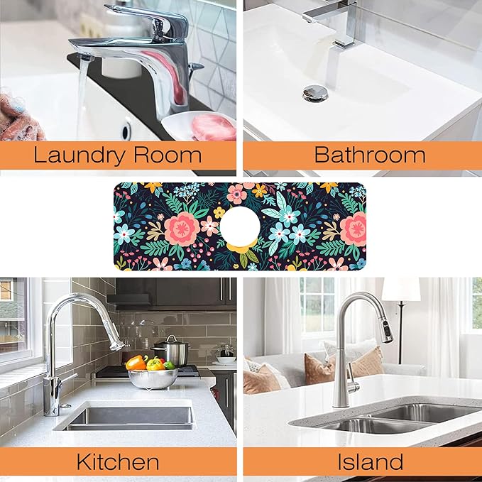 Kitchen Faucet Mat Bright Colorful Flowers Kitchen Sink Splash Guard Faucet Mat,1 PC Splash Guard Behind Faucet Drip Catcher for Kitchen,Dish Drying Mat,Bathroom Faucet Mat 15.5""X5.5""