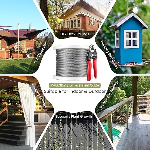 600FT 1/8" T316 Stainless Steel Cable, Wire Rope Aircraft Cable for Deck Cable Railing Kit and DIY Balustrades, 7x7 Strands Construction, Comes with a Cutter