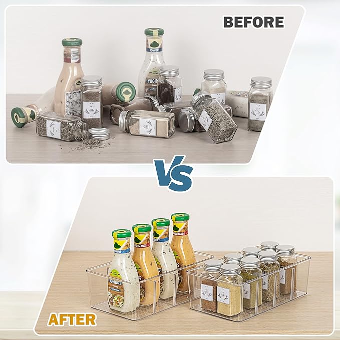 Vtopmart 6 Pack Food Storage Organizer Bins, Clear Plastic Bins for Pantry, Kitchen, Fridge, Cabinet Organization and Storage, 4 Compartment Holder Packets, Snacks, Pouches, Spice Packets