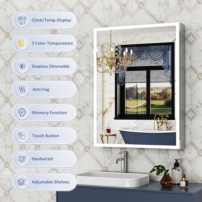 Medicine Cabinet With Lights, 2432 Inch Surface or Recessed, Mirror, 3 Color Dimmable, Defogger, Clock & Temp, Outlet & USB, Door Left Open