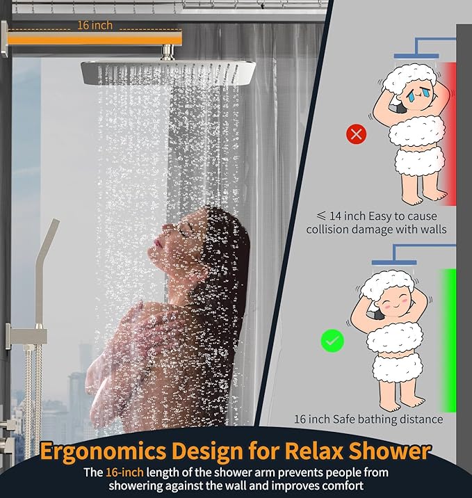 SR SUN RISE Shower Faucet - 16 Inch Rain Shower System - All Metal Shower Fixtures - Brushed Nickel