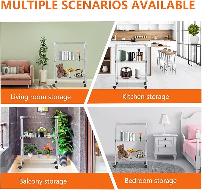 BestOffice | 3-Tier Wire Storage Shelves with Wheels | 23x13x31 | Chrome | Adjustable Racks | Heavy-Duty Metal Shelf, Holds Upto 170 lbs | No-Tool Assembly | Ideal for Home & Garage Shelving