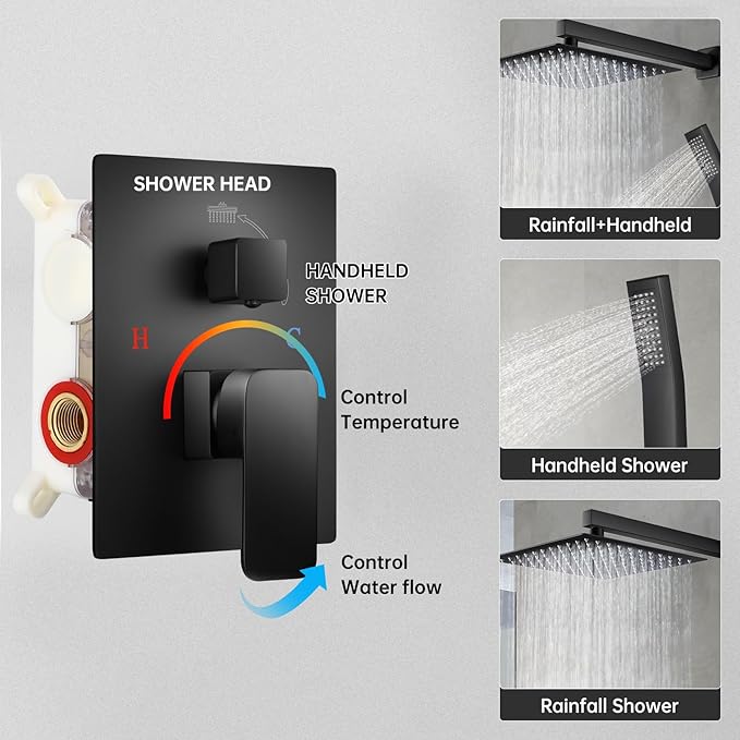 Rainfall Bathroom Shower System, 10-Inch Rain Shower Head and Handle Set, Wall Mounted Dual Shower Combo, All Metal Decorative Shower Luxury Kit Matte Black (with Shower Valve)