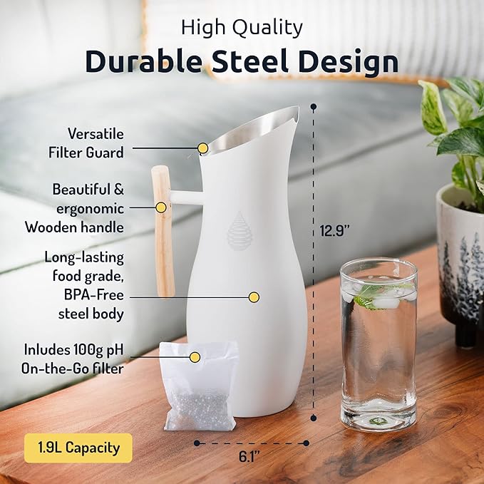 Invigorated Water pH Vitality Alkaline Water Filter Pitcher for Drinking Water, Stainless Steel, 1.9L, White