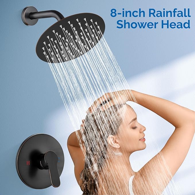 Airuida Shower Faucet Set,8 Inch Round Rainfall Shower Head,SUS304 Stainless Steel Single Handle Shower Trim Kit,Wall Mount Bathroom System with Female Threads Valve Oil Rubbed Bronze