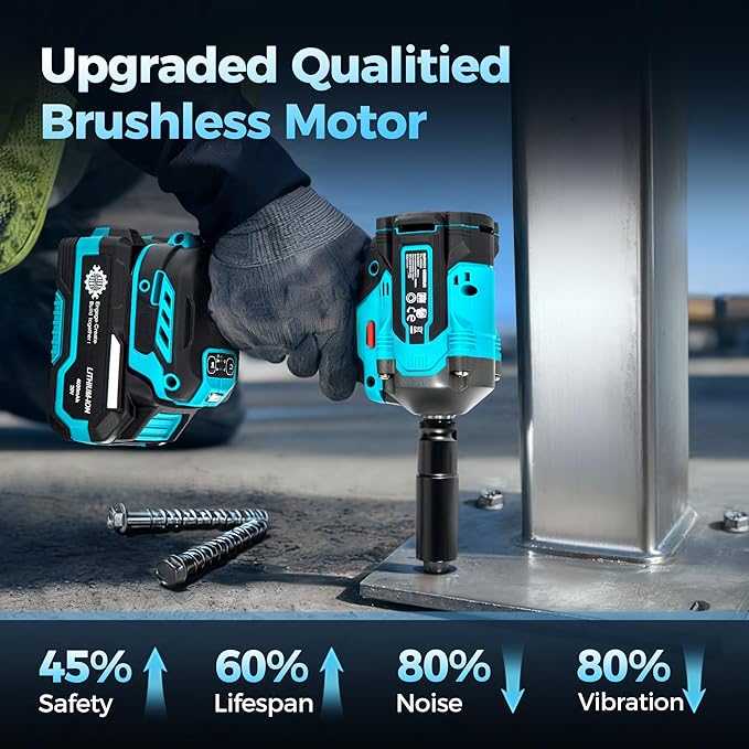 1/2" Cordless Impact Wrench with Brake, Brushless MAX 465Ft-lbs (630N.m) Impact Gun with 20V 4.0Ah Battery and Fast Charger, 2+1 Speed Mode, 2500RPM Power Electric Impact Wrench with LED Light for Car