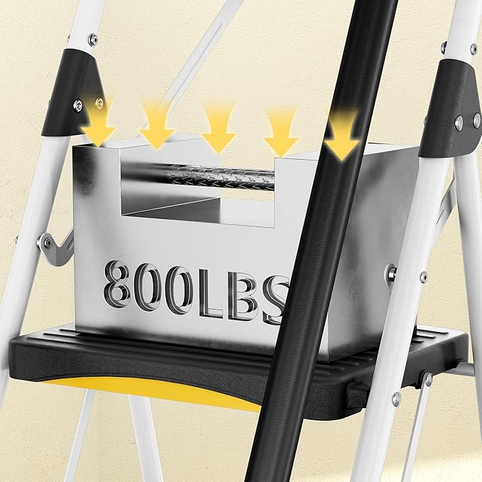 5 Step Ladder with Tool Tray, Folding Steel Step Stool with Safety Lock, Anti-Slip Wide Pedals, Pass 800lbs Load Testing, Handrail, Heavy Duty Ladder for Multi-Purpose, Indoor, Office