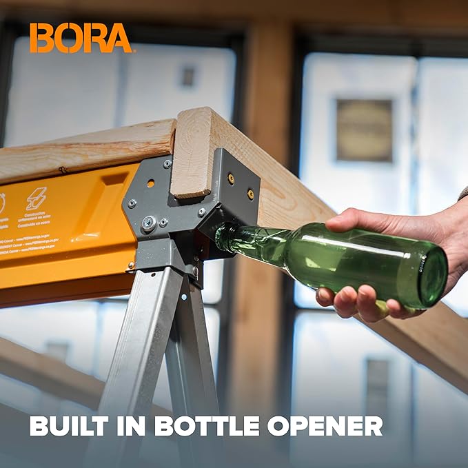 BORA Workhorse Saw horses 2 pack Folding Heavy Duty Legs, Metal Saw horse with 2x4 Bracket Built in Bottle Opener Professional Saw Horse for Woodworking Carpenters Contractors PM-3350T