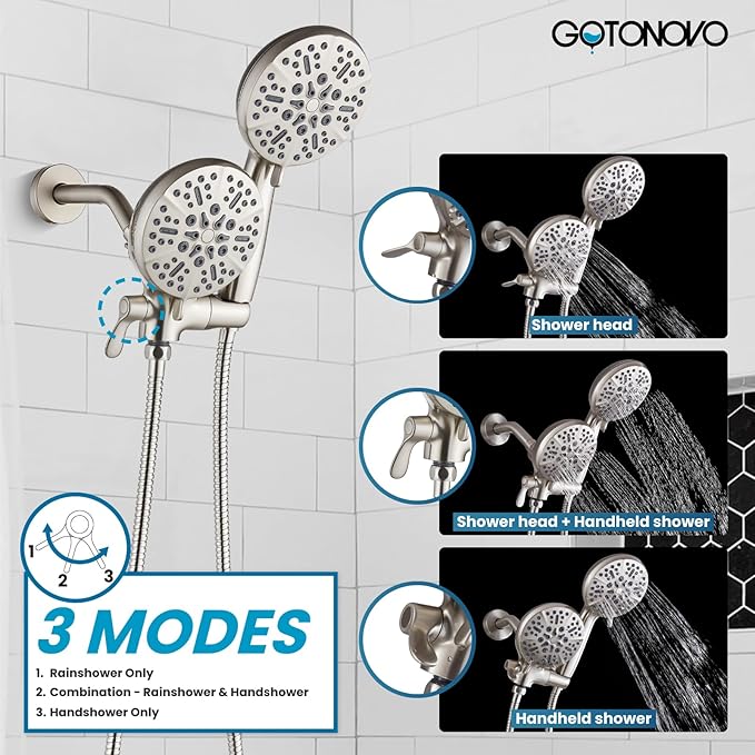 gotonovo Tub Shower Faucet Set,2 in 1 Dual Shower Head and Handle Set with Tub Spout Wall Mount Bathroom Shower Trim Kit with 3-way Water Diverter Valve Included Various Modes Brushed Nickel
