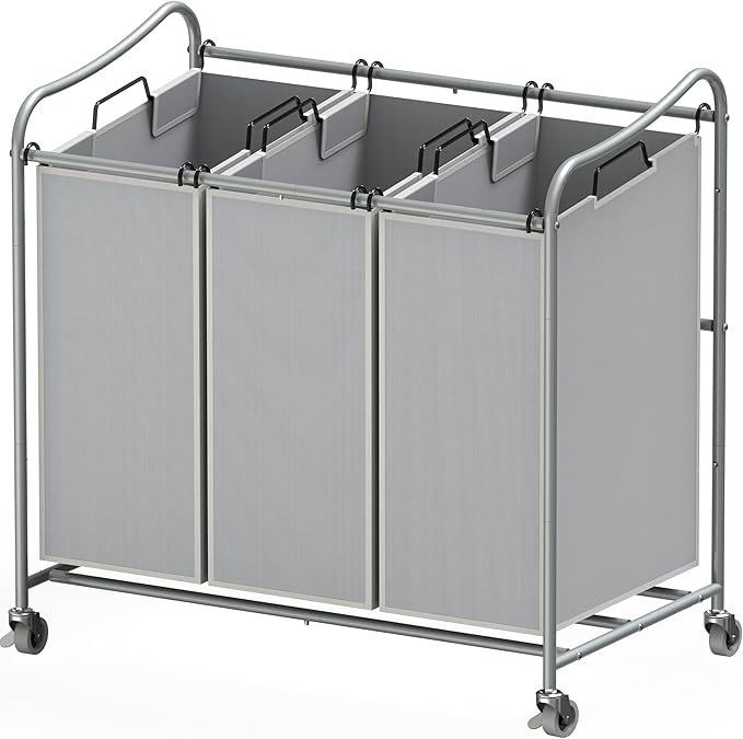 Simple Houseware Heavy-Duty 3-Bag Laundry Sorter Cart, Silver