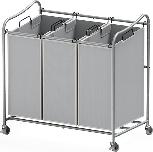 Simple Houseware Heavy-Duty 3-Bag Laundry Sorter Cart, Silver