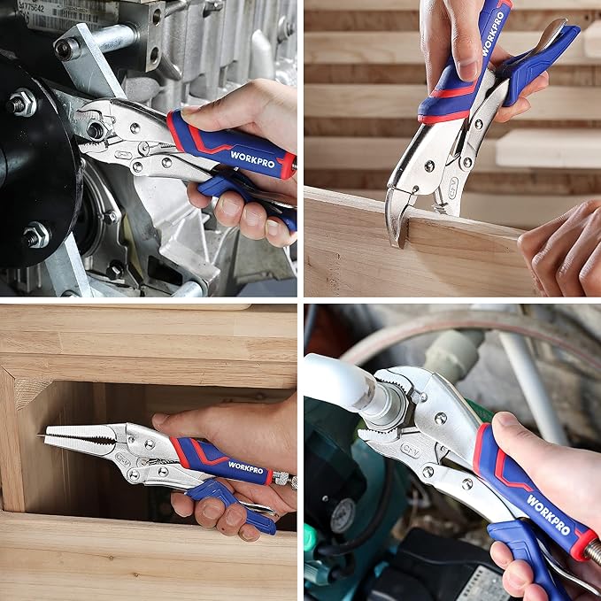 WORKPRO 4-Piece Locking Pliers Set with Comfortable Grip, 5-1/2", 7" and 9" Curved Jaw Locking Pliers, 6-1/2" Long Nose Locking with Storage Bag, Blue&red