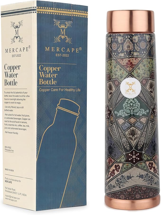 Copper Water Bottle A Handmade Ayurvedic Enameled Print Pure Copper Water Bottle For Drinking - Increase Your Water Consumption, and Experience Immediate Health Benefits (ENAMELED PRINT 12)