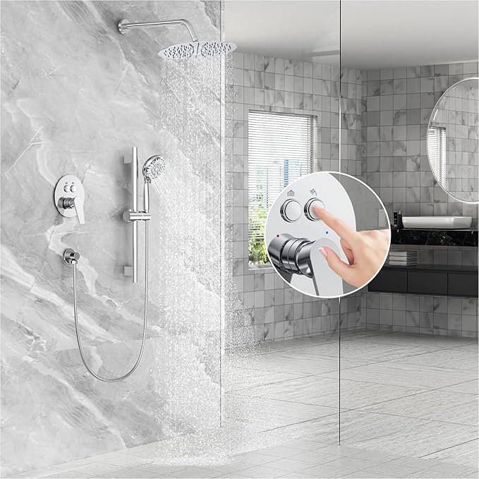 SR SUN RISE Rain Shower Faucet Set - 10 Inch Rain Shower Head with Handheld & Slide Bar Combo Set - Bathroom Wall Mounted Shower Faucet with Valve - Polished Chrome